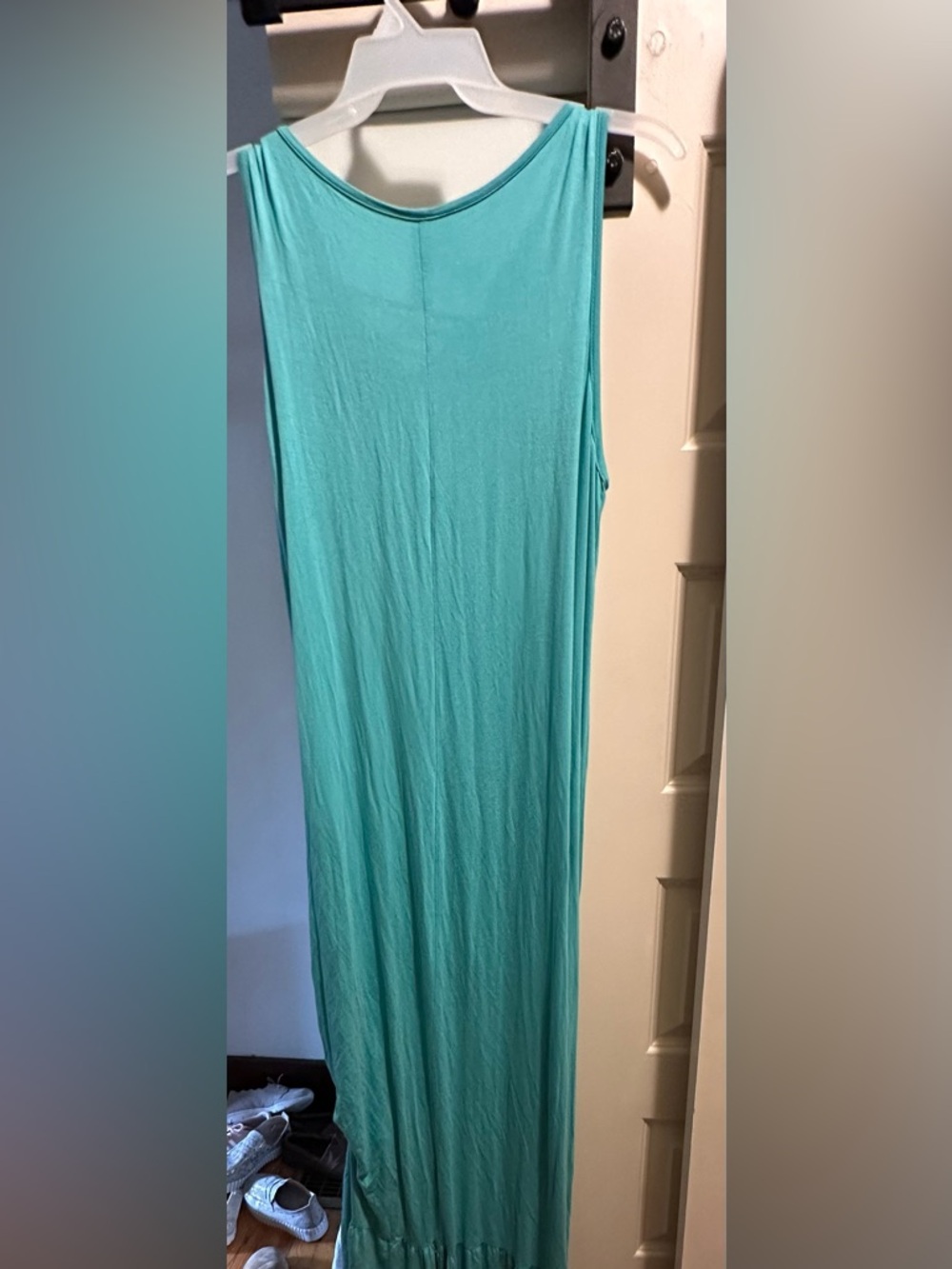 Sleeveless Aqua Maxi Dress with Lace-Up Ruffle Neckline - Picture 2 of 4